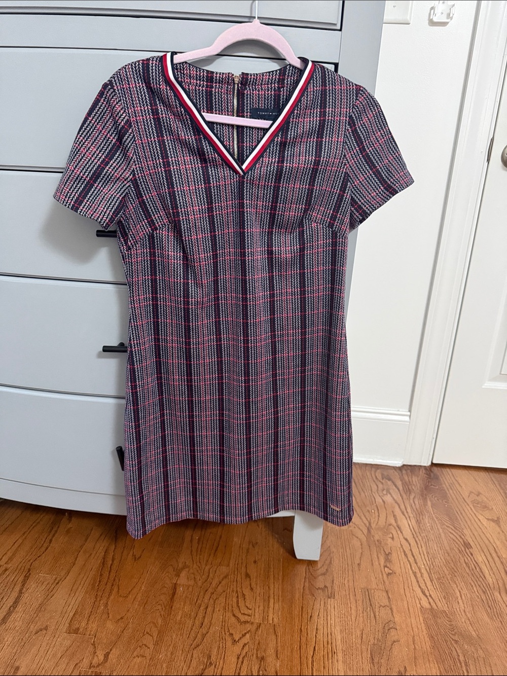 Tommy Hilfiger Navy and Pink Plaid V-Neck Mini Dress